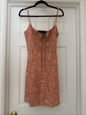 Reformation Coral Paisley Inez Slip Dress with Olive Tie